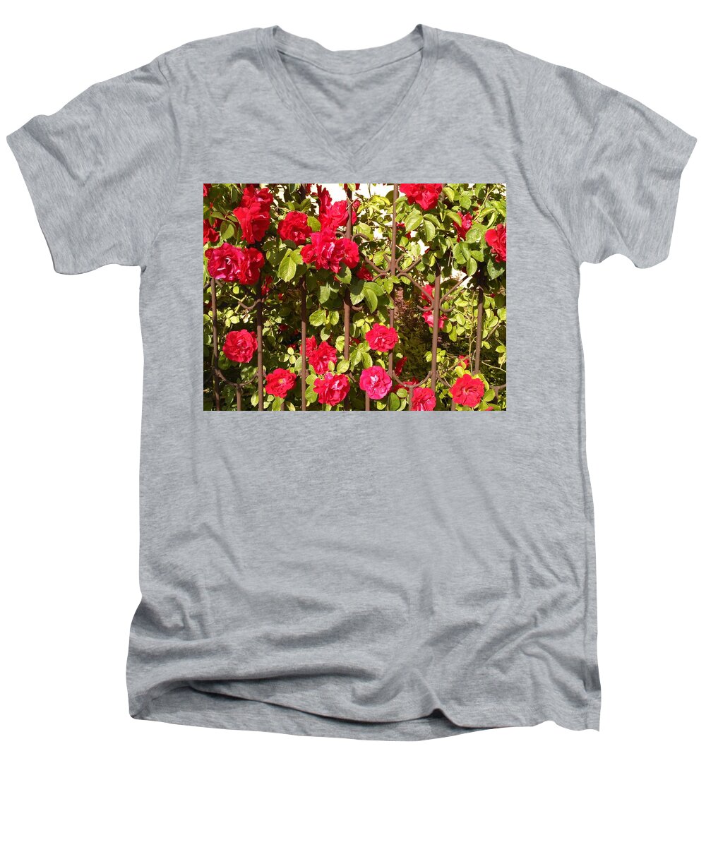 Rose Men's V-Neck T-Shirt featuring the photograph Red roses in summertime by Arletta Cwalina