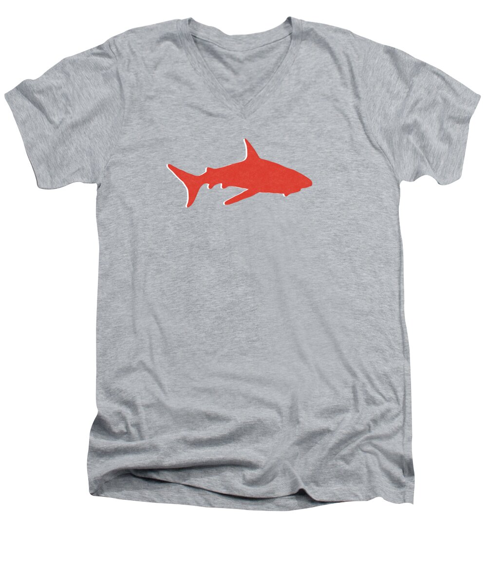 Shark Men's V-Neck T-Shirt featuring the mixed media Red Shark by Linda Woods