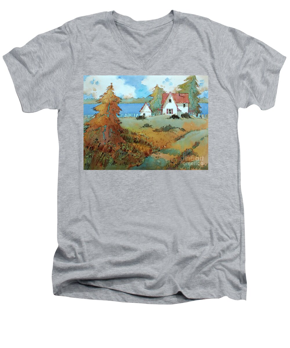 Bay Men's V-Neck T-Shirt featuring the painting Red Shutters by Joyce Hicks
