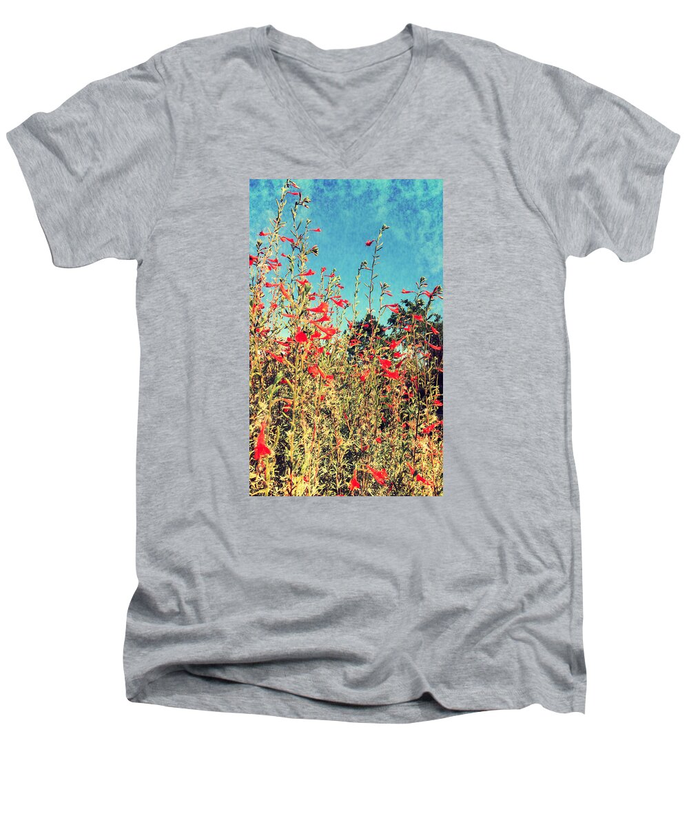 Flower Men's V-Neck T-Shirt featuring the photograph Red Trumpets Playing by Brad Hodges