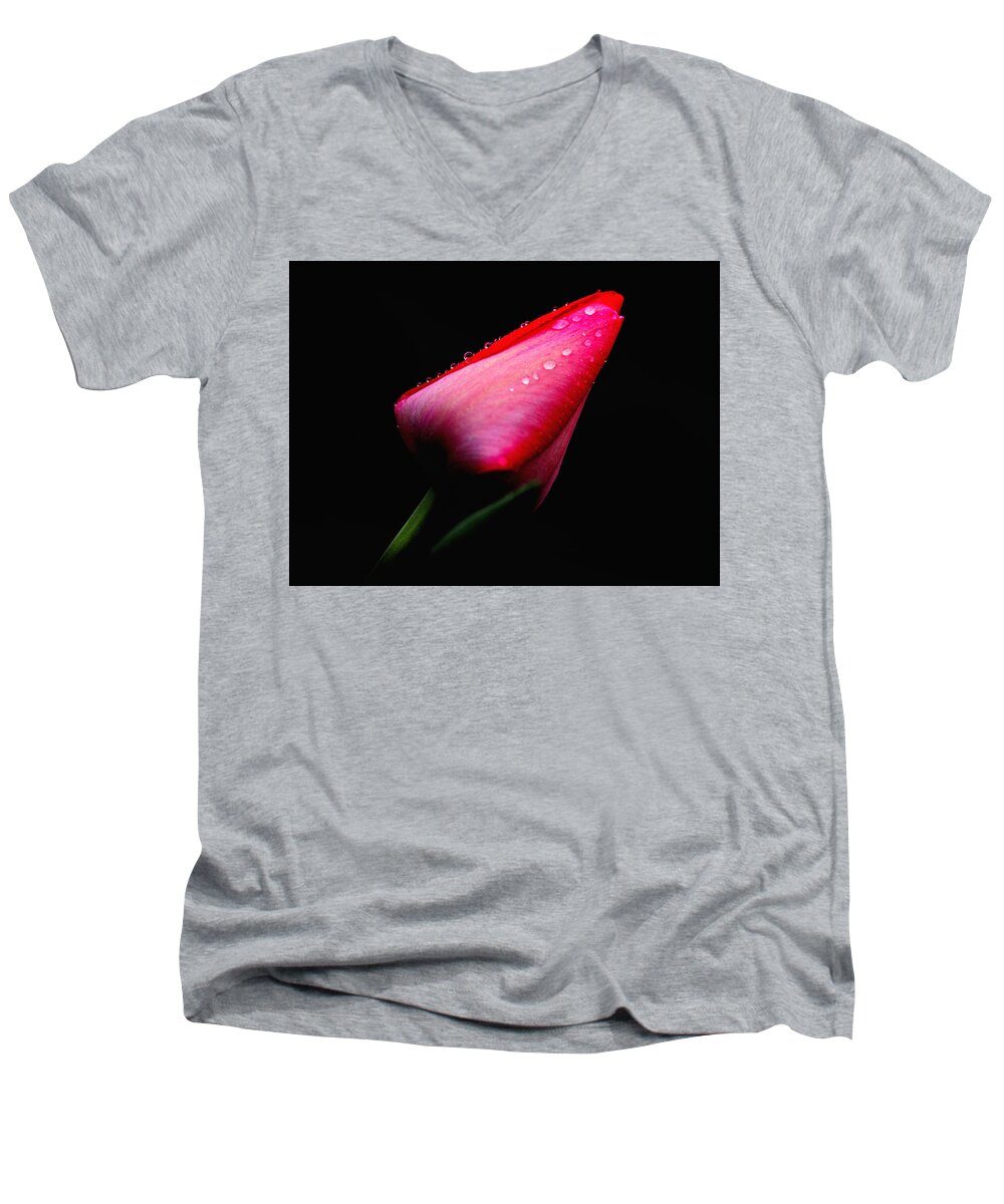 Floral Men's V-Neck T-Shirt featuring the photograph Red Tulip with Raindrops by Trina Ansel