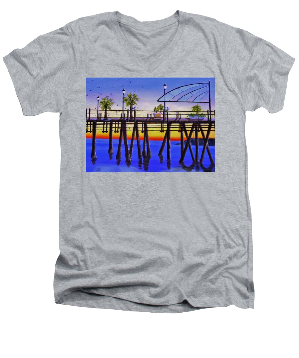 Redondo Beach Men's V-Neck T-Shirt featuring the painting Redondo Beach Pier by Jamie Frier
