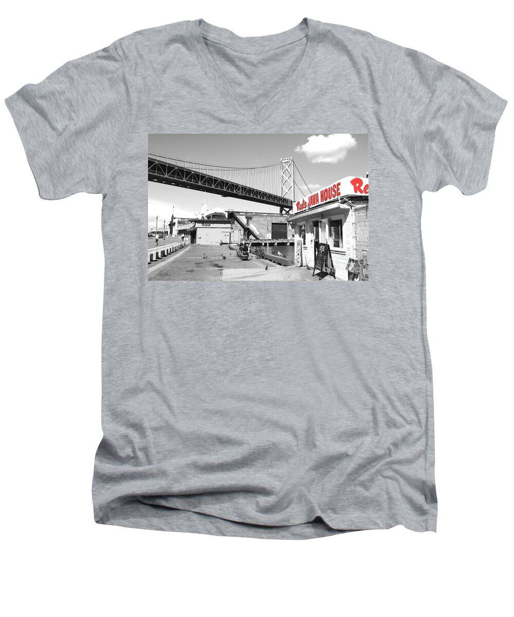 Wingsdomain Men's V-Neck T-Shirt featuring the photograph Reds Java House and The Bay Bridge in San Francisco Embarcadero by San Francisco