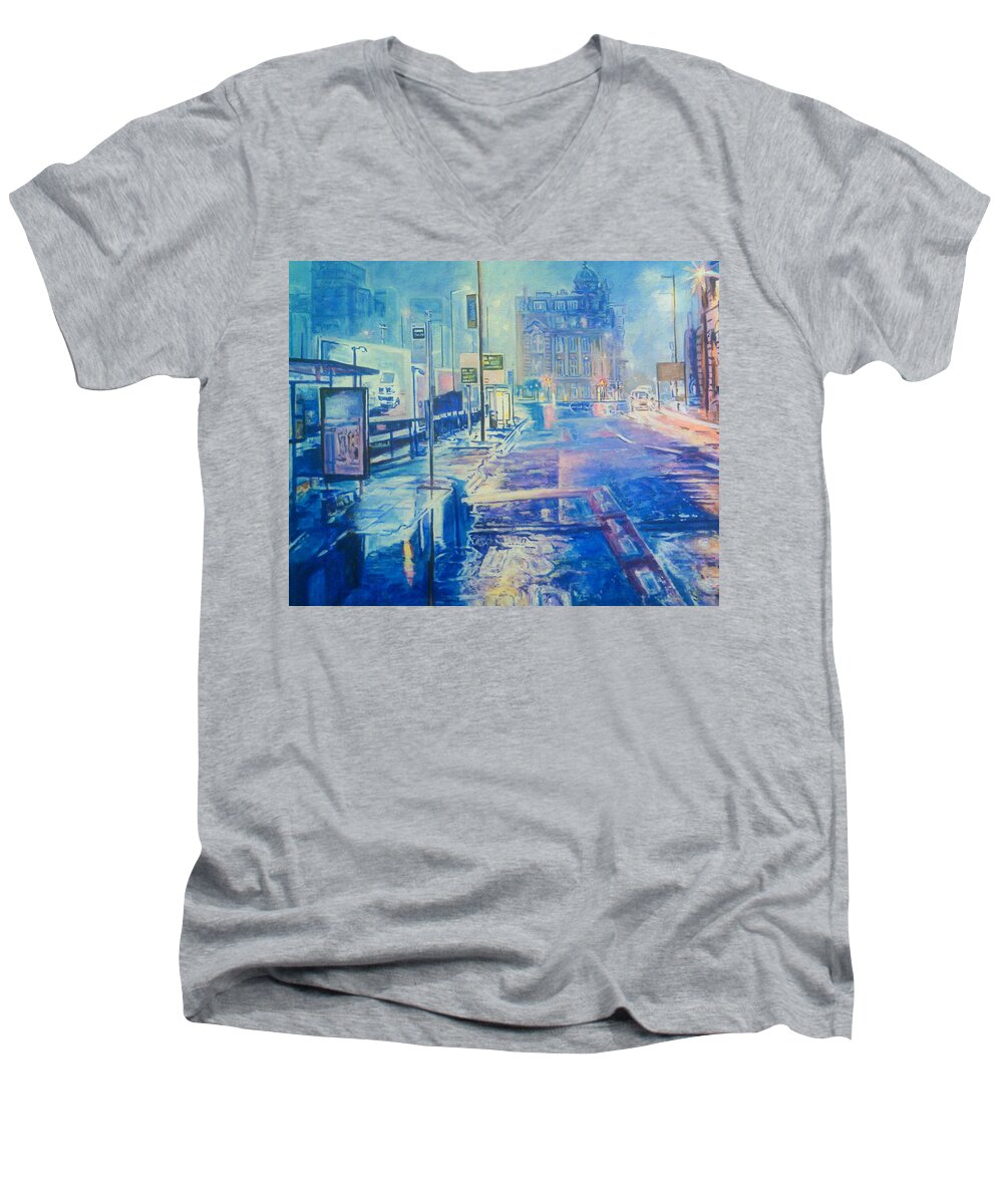 Reflections Men's V-Neck T-Shirt featuring the painting Reflections At Night In Manchester by Rosanne Gartner