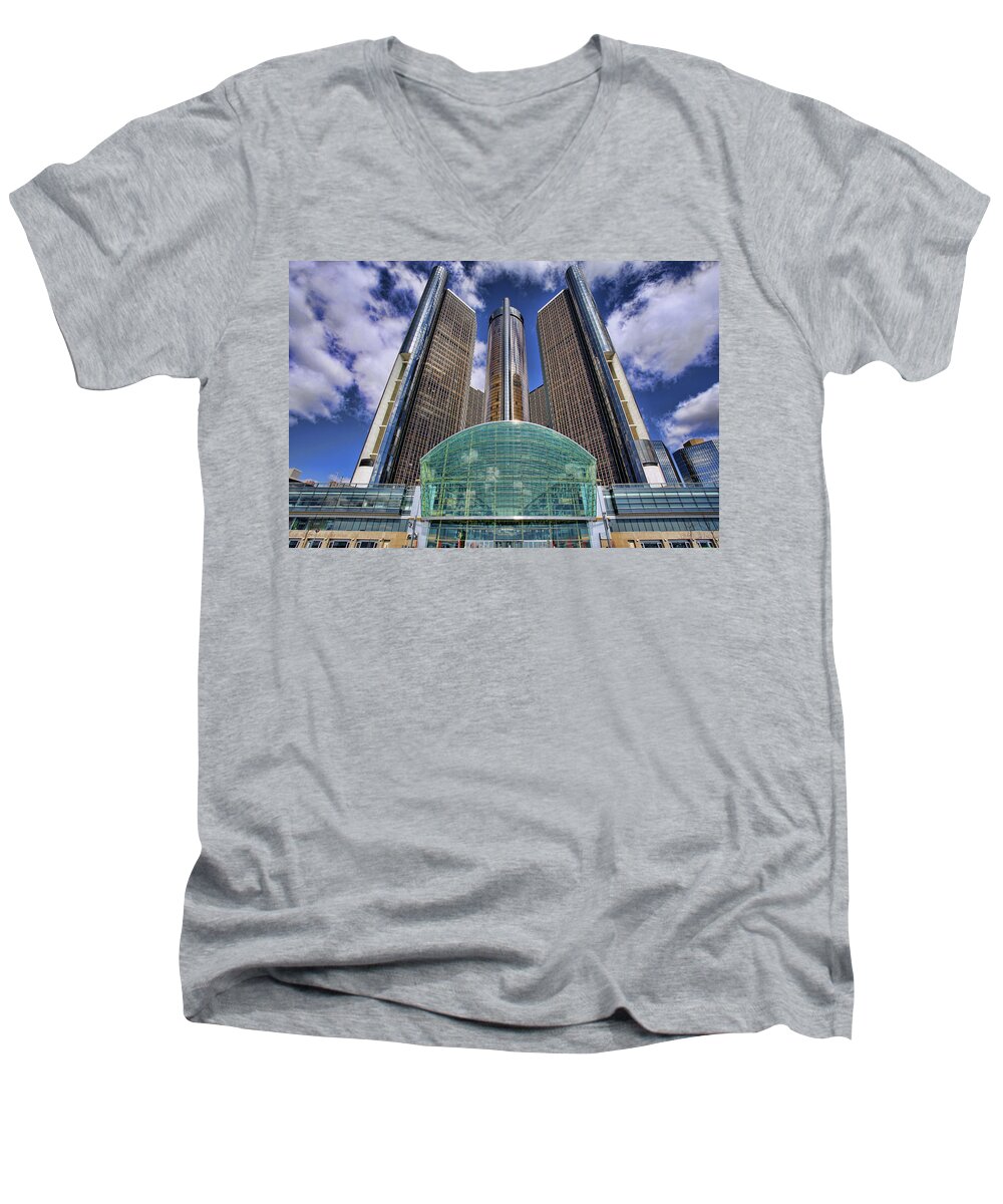 Rencen Men's V-Neck T-Shirt featuring the photograph RenCen Detroit GM Renaissance Center by Gordon Dean II