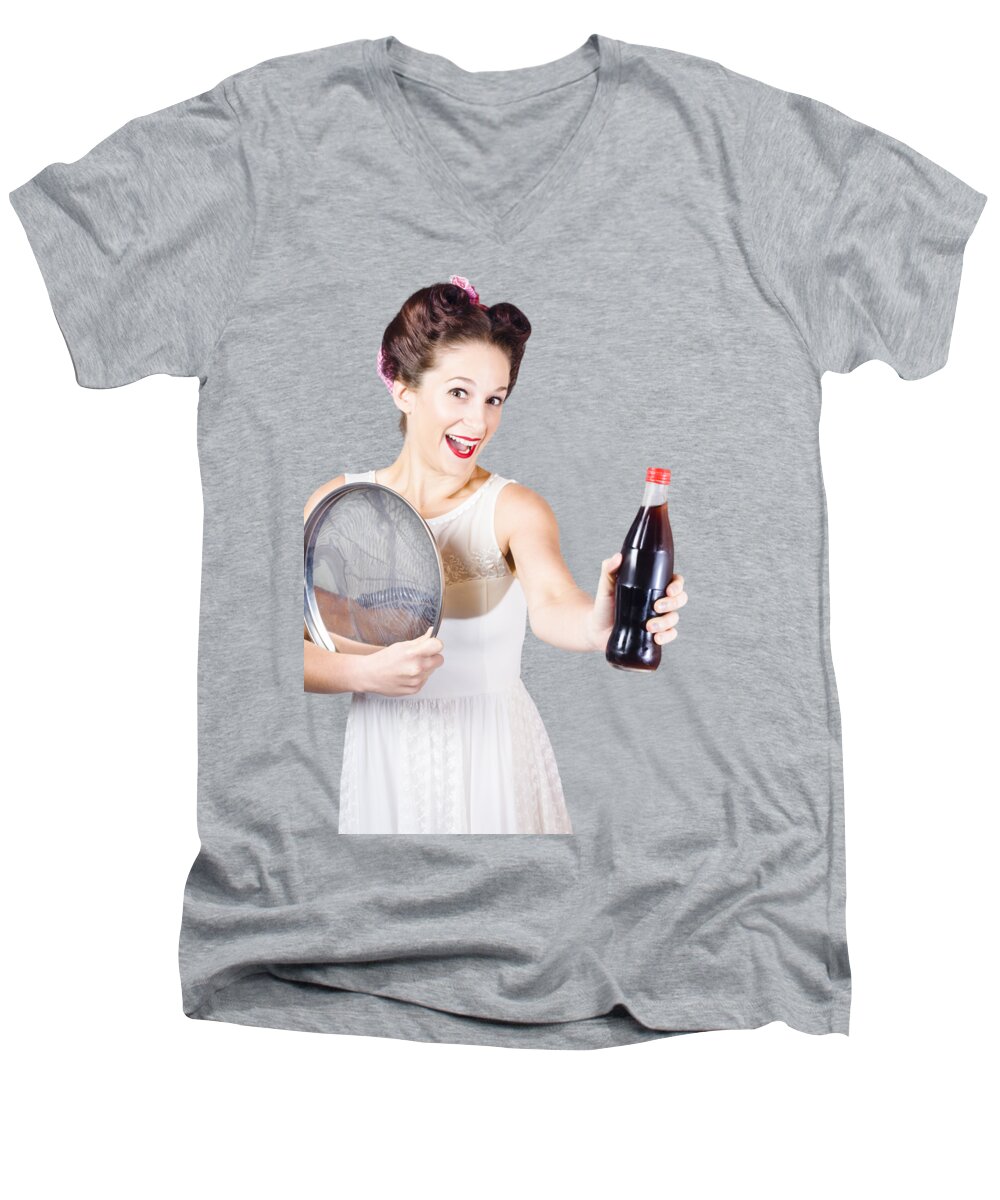 Soda Men's V-Neck T-Shirt featuring the photograph Retro pin-up girl giving bottle of soft drink by Jorgo Photography