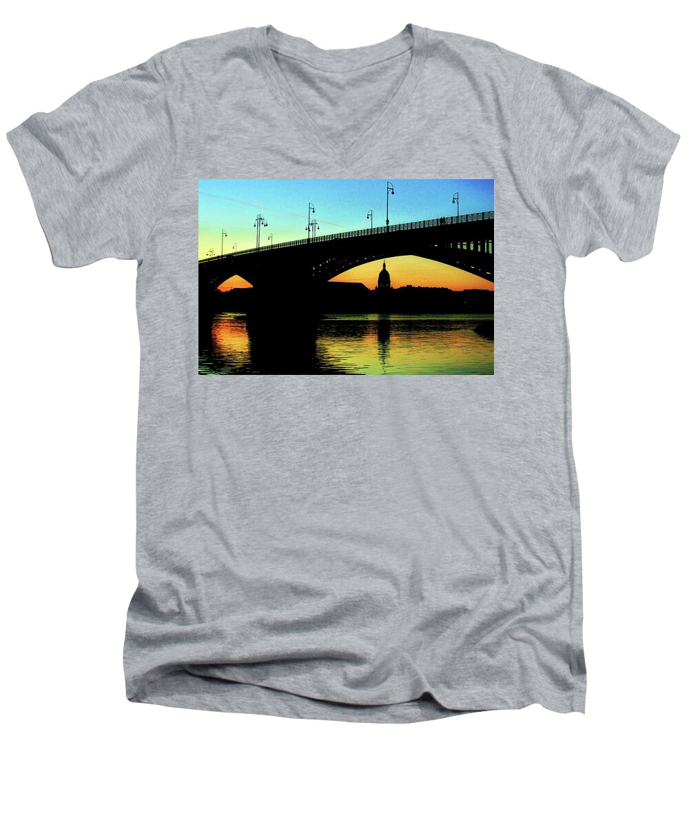 Mainz Men's V-Neck T-Shirt featuring the photograph Rhine at Sunset by Daniel Koglin