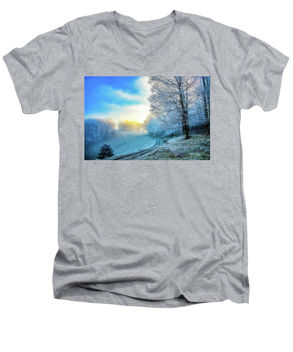 Winter Men's V-Neck T-Shirt featuring the photograph Rime Ice Sunrise by Dale R Carlson