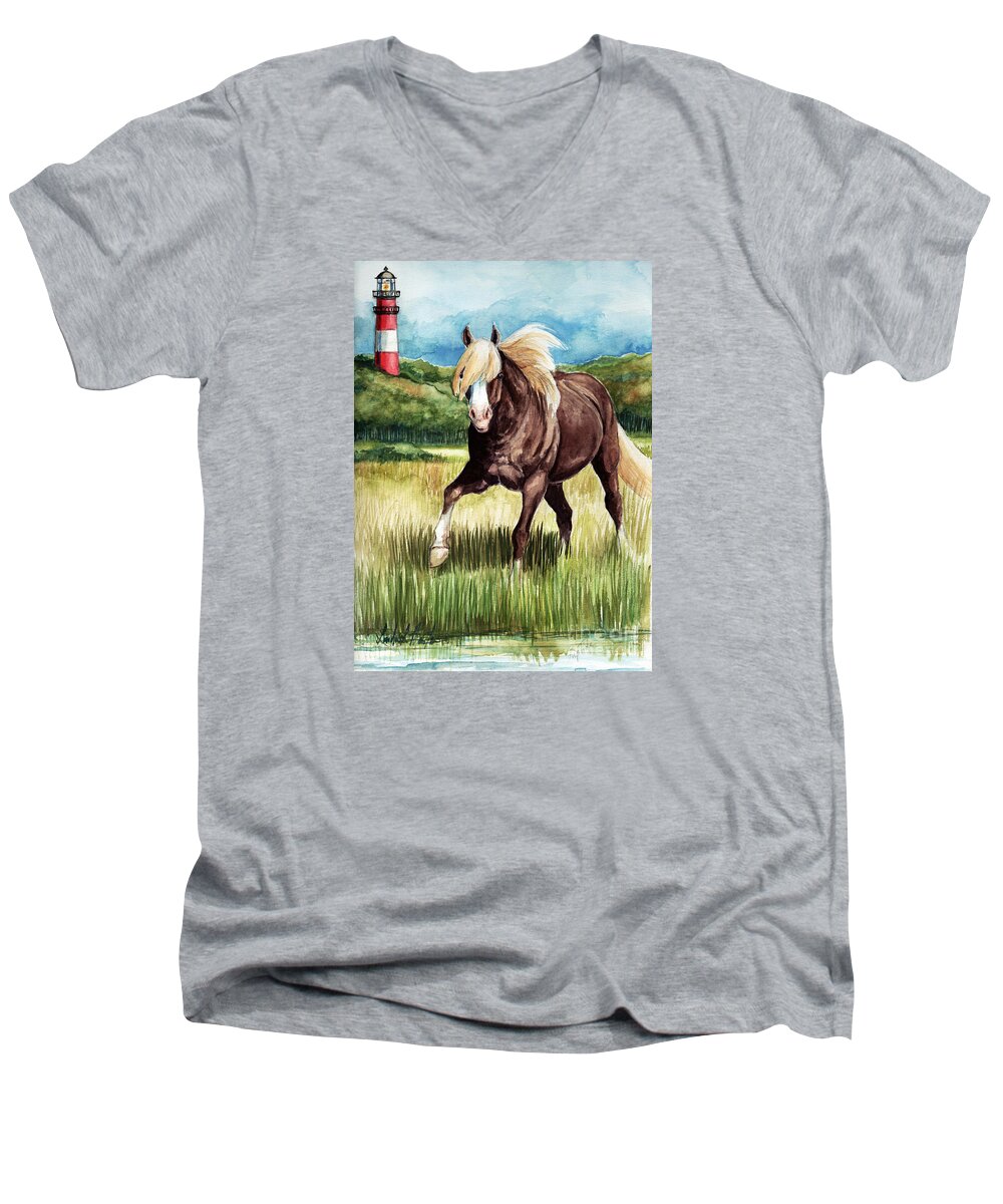 Chincoteague Pony Men's V-Neck T-Shirt featuring the painting Riptide by Linda L Martin