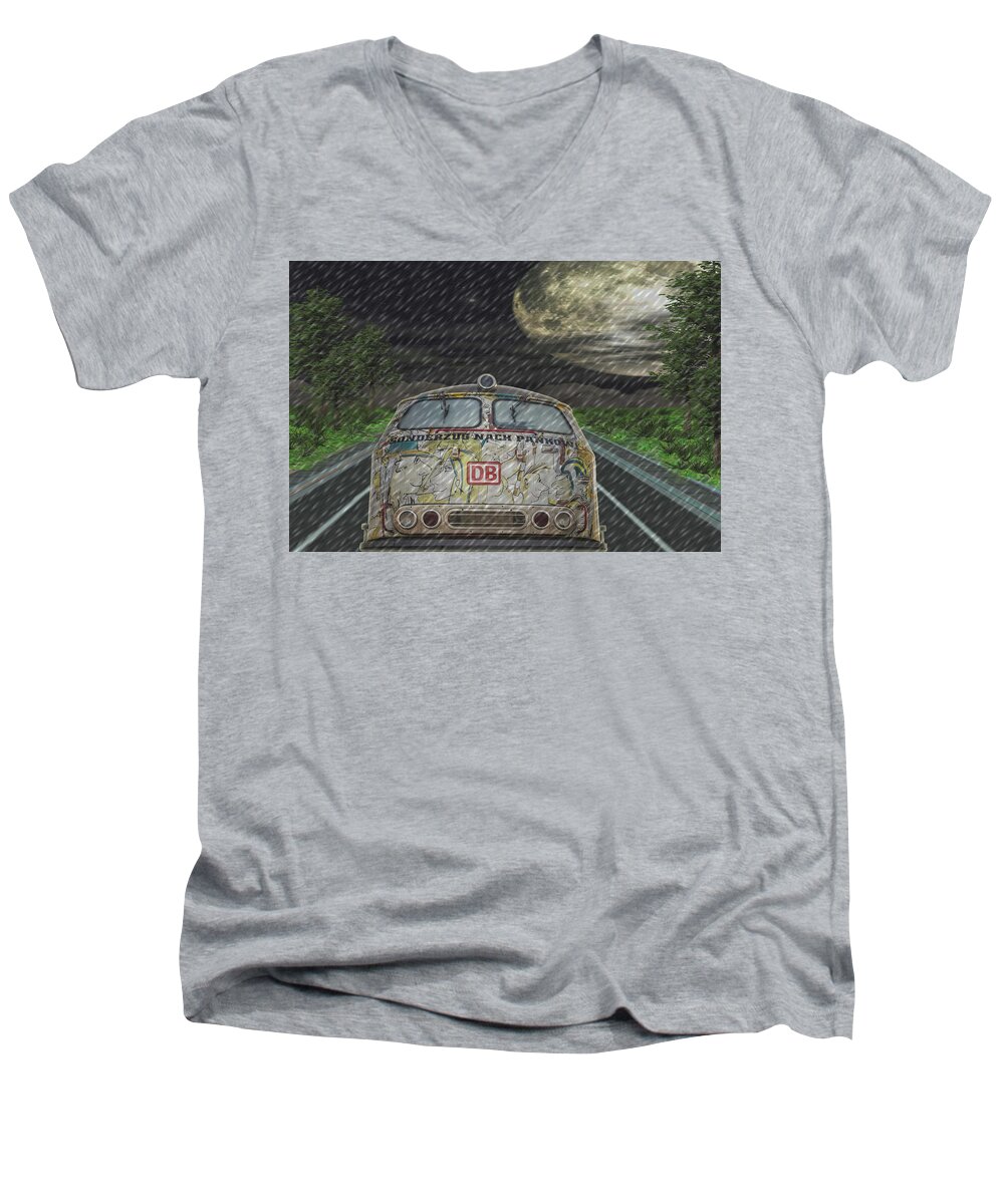 Bus Men's V-Neck T-Shirt featuring the digital art Road Trip In The Rain by Digital Art Cafe