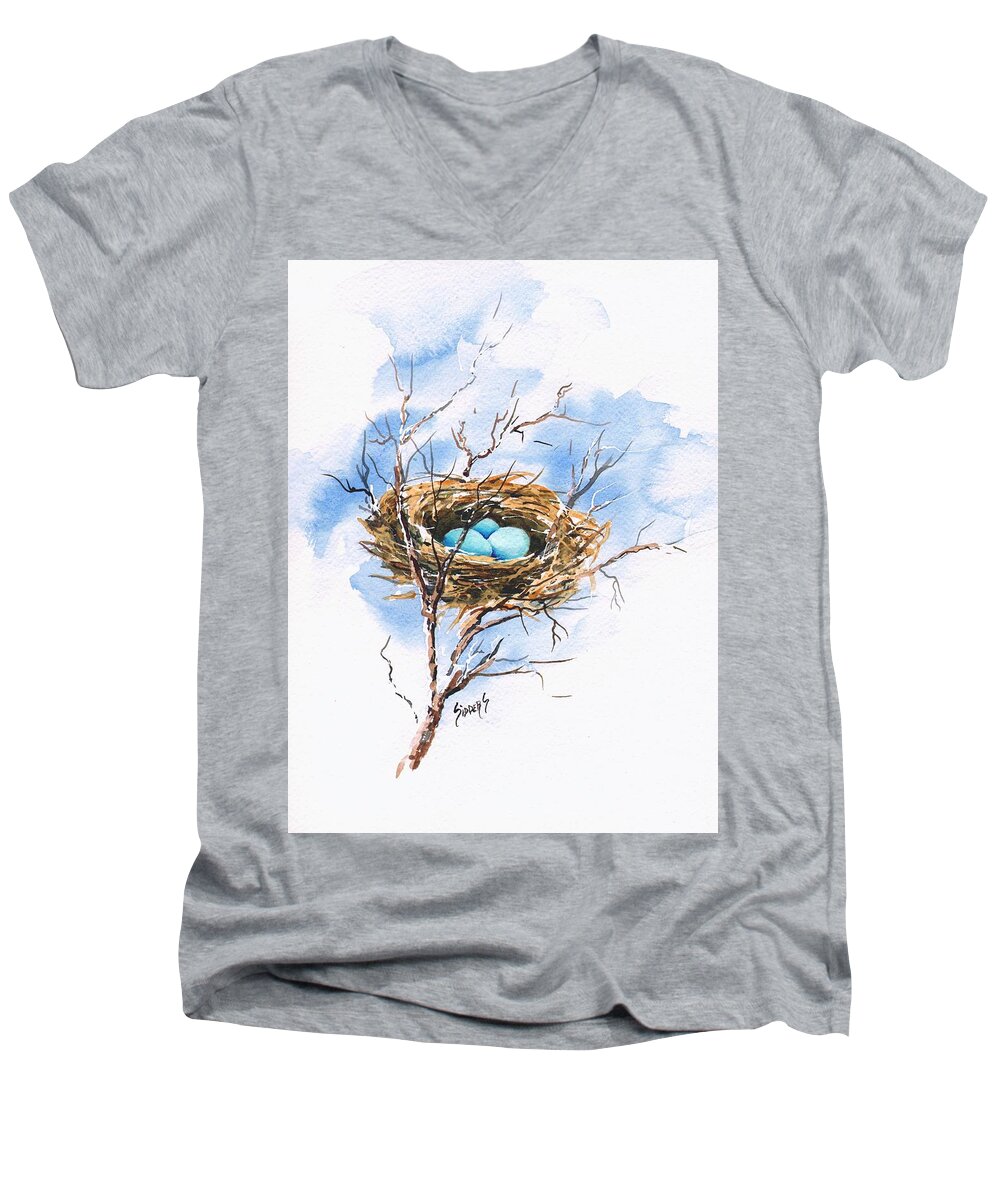 Nest Men's V-Neck T-Shirt featuring the painting Robin's Nest by Sam Sidders