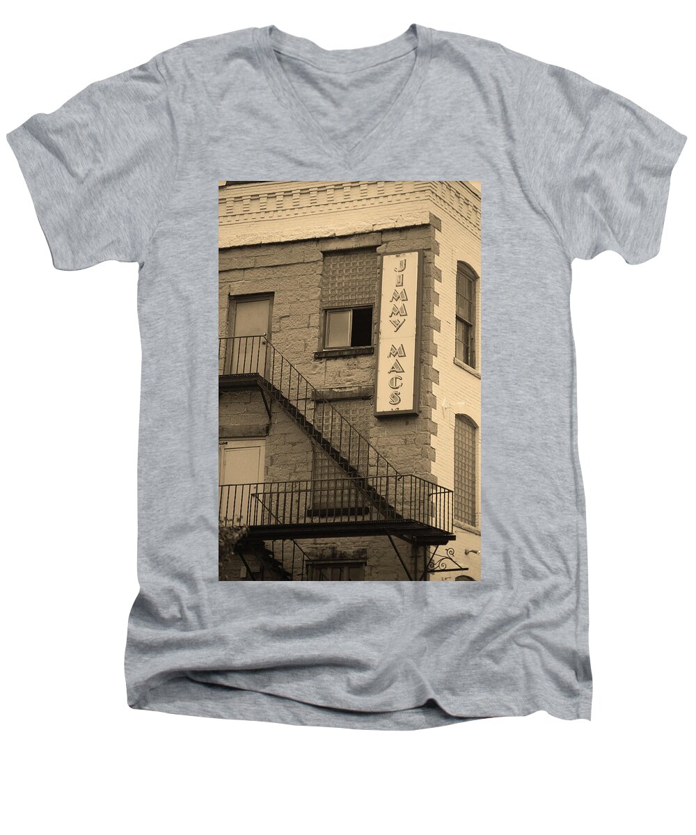 Alcohol Men's V-Neck T-Shirt featuring the photograph Rochester, New York - Jimmy Mac's Bar 2 Sepia by Frank Romeo