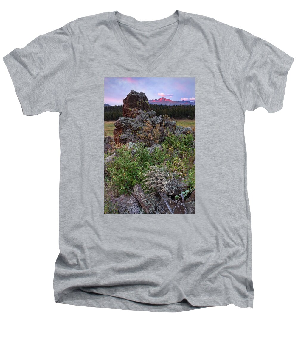 Rmnp; Sunrise; Colorado Men's V-Neck T-Shirt featuring the photograph Rocky Mountain Sunrise by John Vose