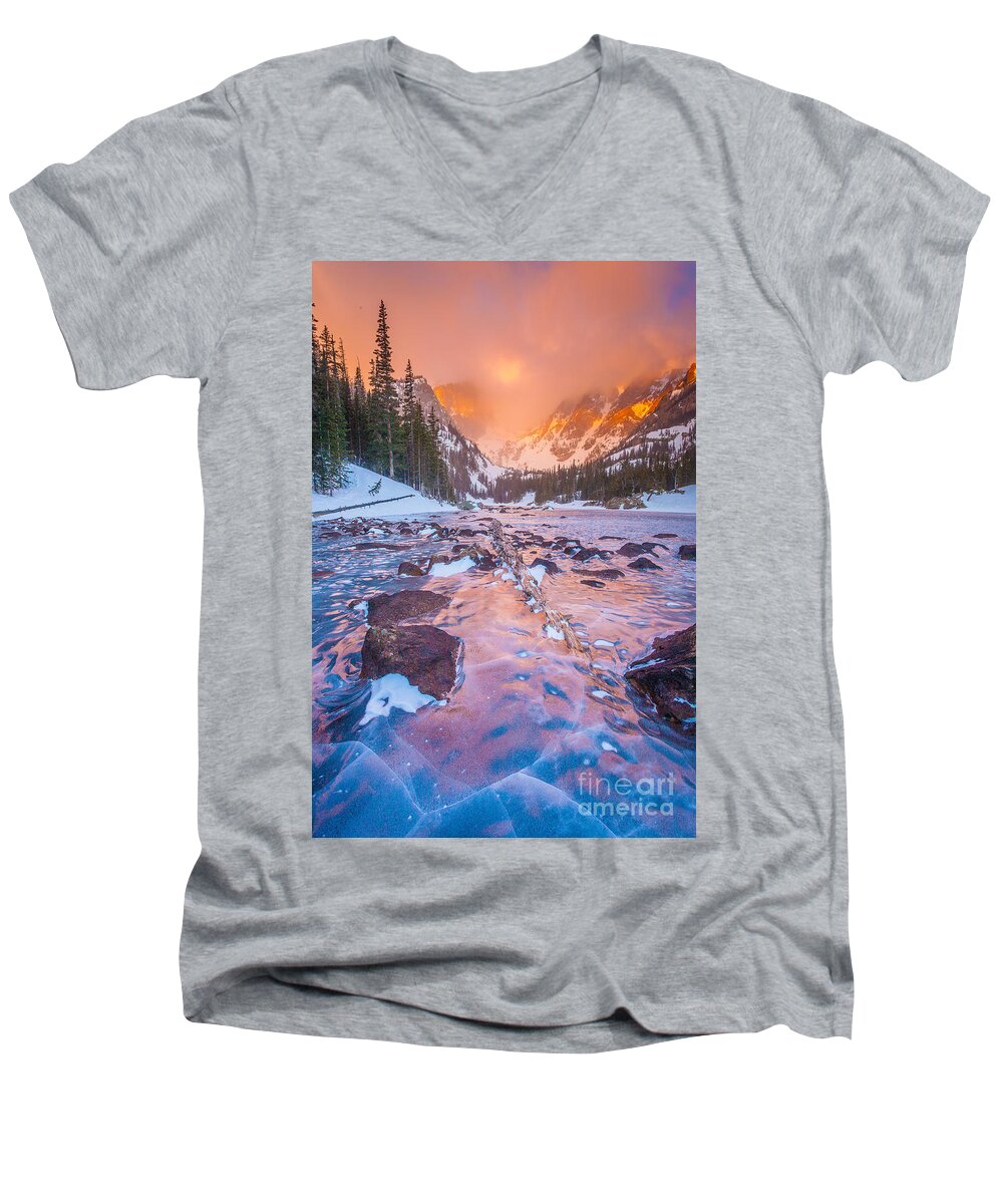 Mountain Men's V-Neck T-Shirt featuring the photograph Rocky Mountain Sunrise by Steven Reed