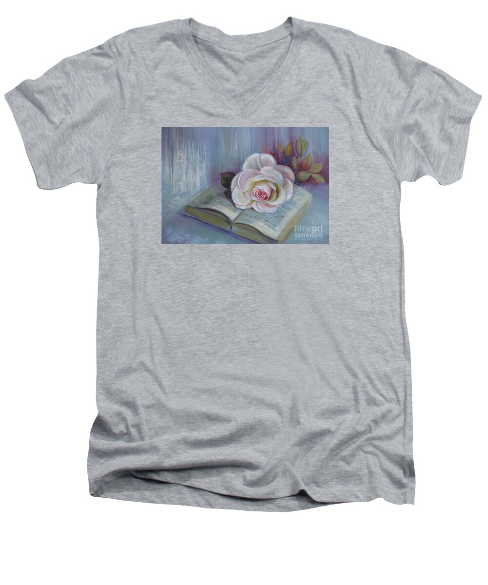 Rose Men's V-Neck T-Shirt featuring the painting Romantic story by Elena Oleniuc