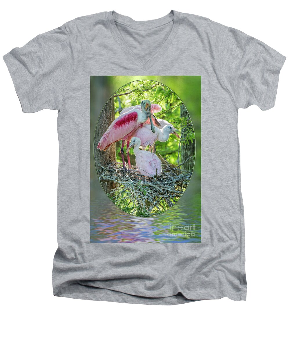 Roseate Spoonbills Men's V-Neck T-Shirt featuring the photograph Roseate Spoonbills in Evangeline Parish Louisiana by Bonnie Barry