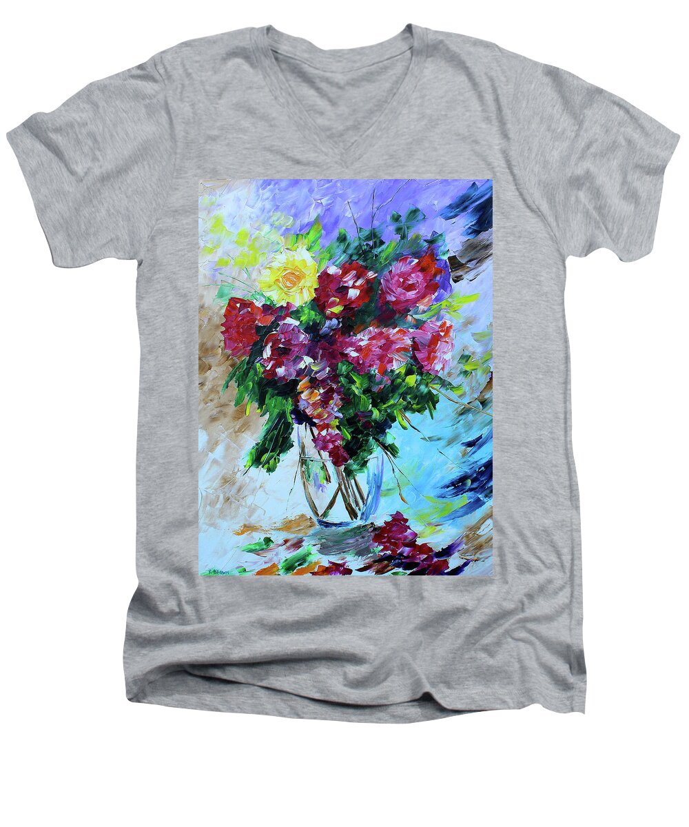 Palette Knife Paintings Men's V-Neck T-Shirt featuring the painting Roses by Kevin Brown