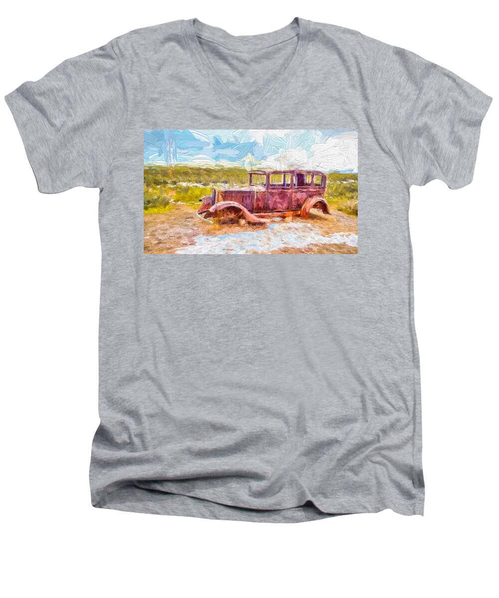 Auto Men's V-Neck T-Shirt featuring the photograph Route 66 Studebaker by Ches Black