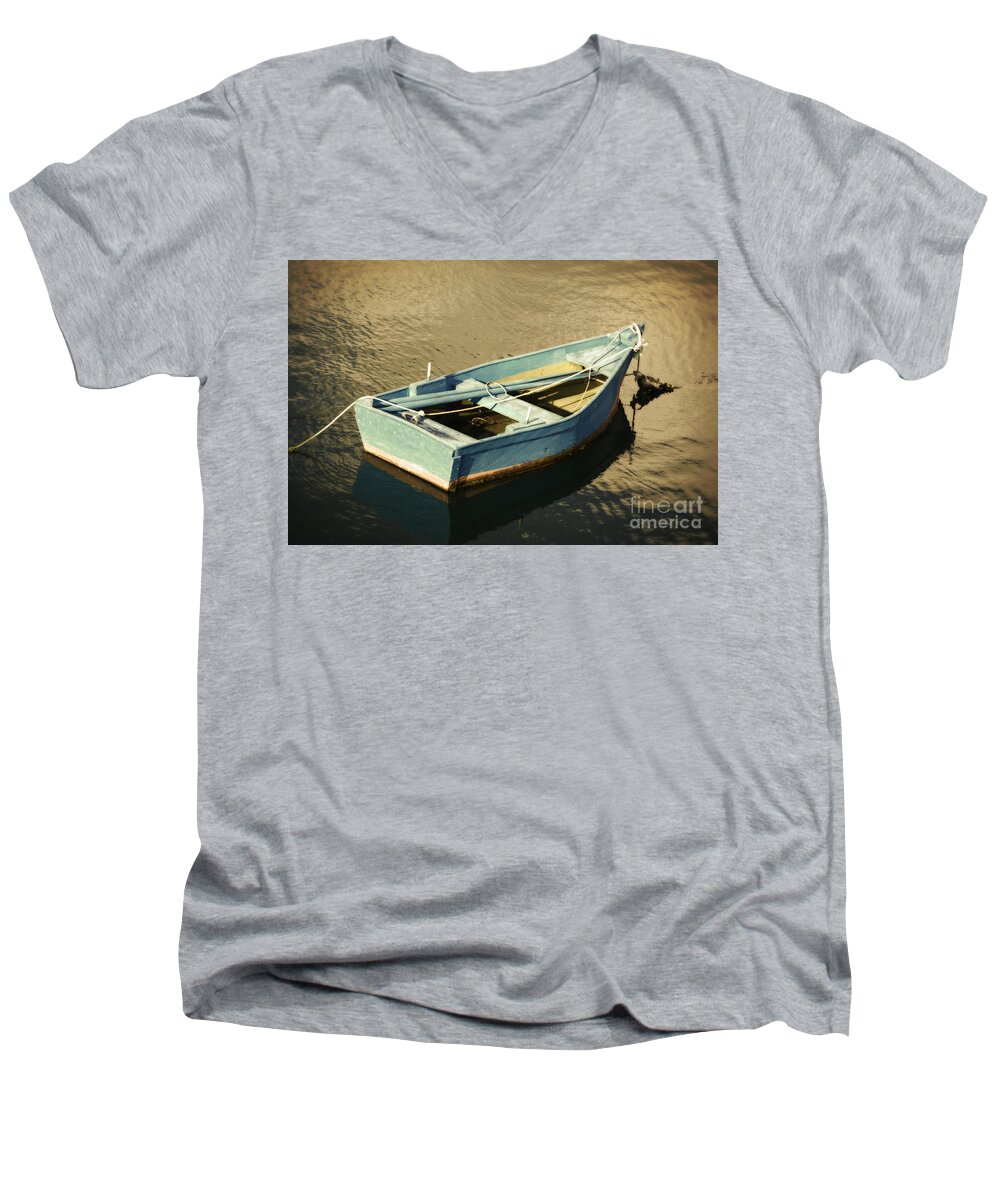 Blue Rowboat At Twilight Men's V-Neck T-Shirt featuring the photograph Rowboat at Twilight by Mary Machare