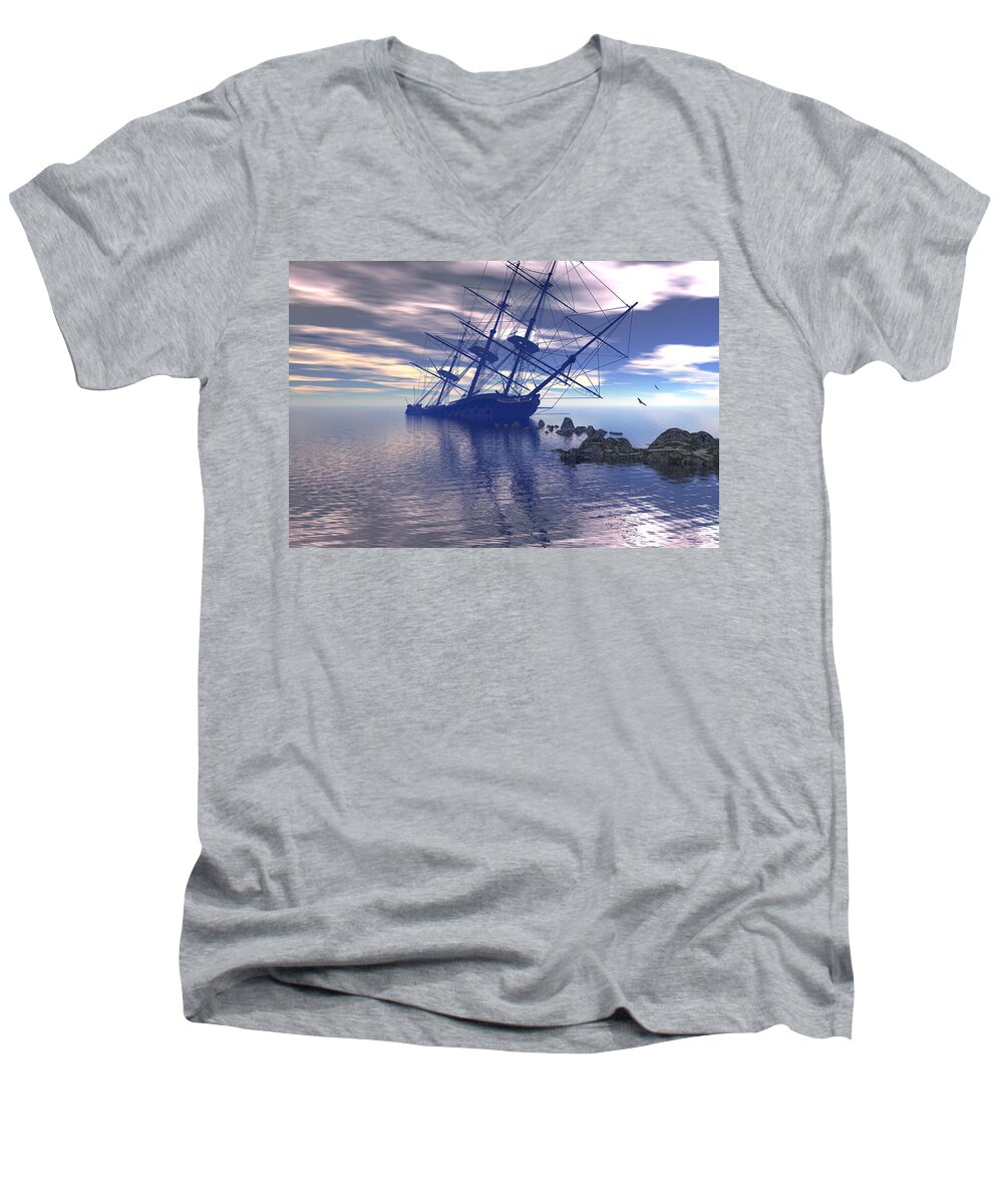 Tall Ship Men's V-Neck T-Shirt featuring the digital art Run Aground by Claude McCoy