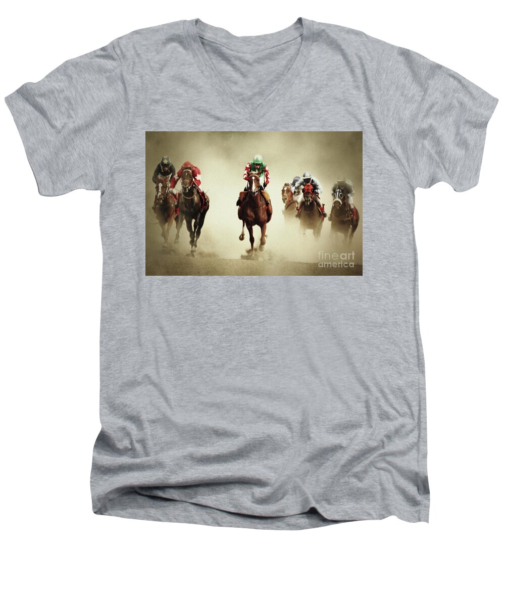 Horse Men's V-Neck T-Shirt featuring the photograph Running horses in dust by Dimitar Hristov