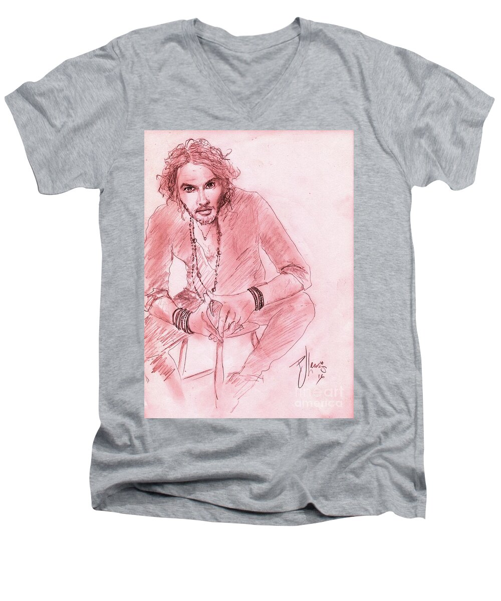 Russell Brand Men's V-Neck T-Shirt featuring the drawing Russell Brand by PJ Lewis