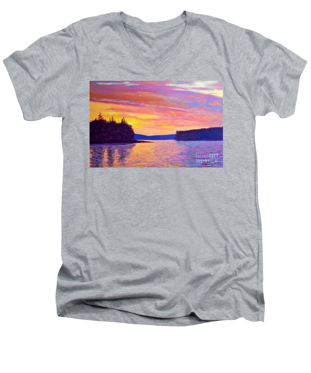Pastels Men's V-Neck T-Shirt featuring the pastel Sailing Home sunset by Rae Smith