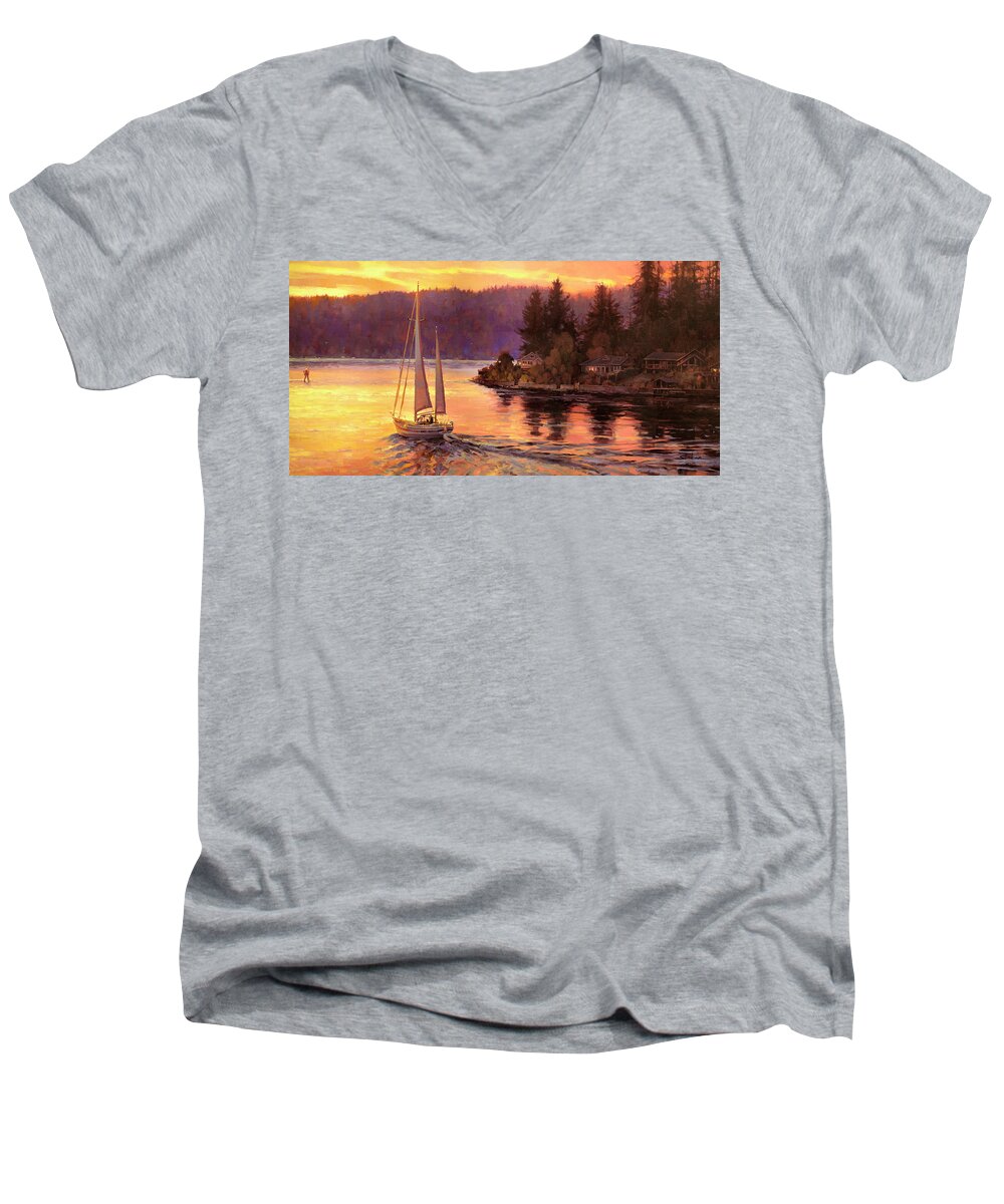 Sailing Men's V-Neck T-Shirt featuring the painting Sailing on the Sound by Steve Henderson