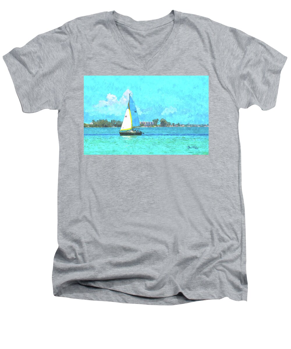 Susan Molnar Men's V-Neck T-Shirt featuring the photograph Sailing Out Of The Shadow by Susan Molnar