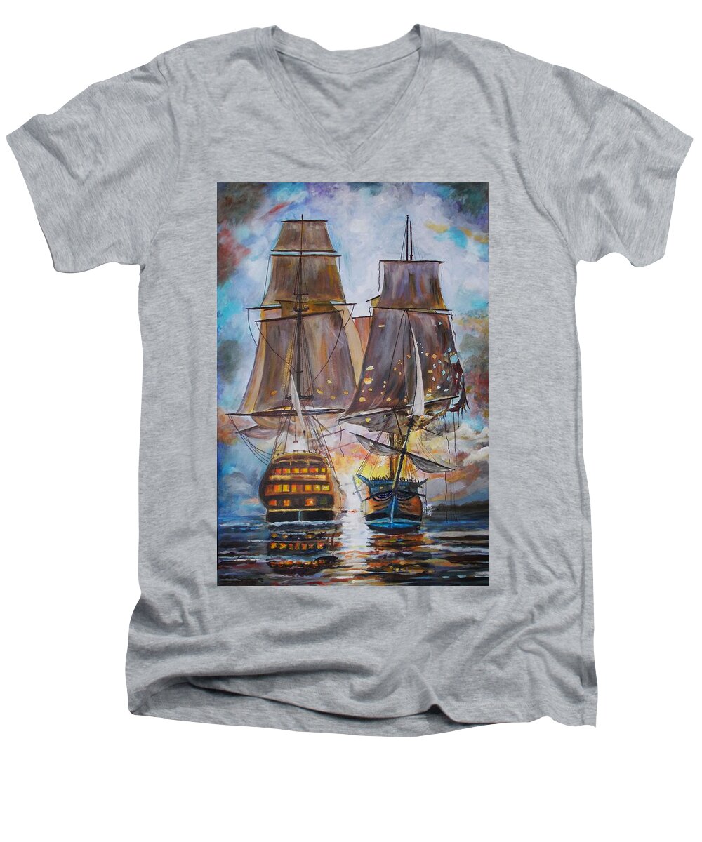 History Men's V-Neck T-Shirt featuring the painting Sailing Ships at War. by Mike Benton