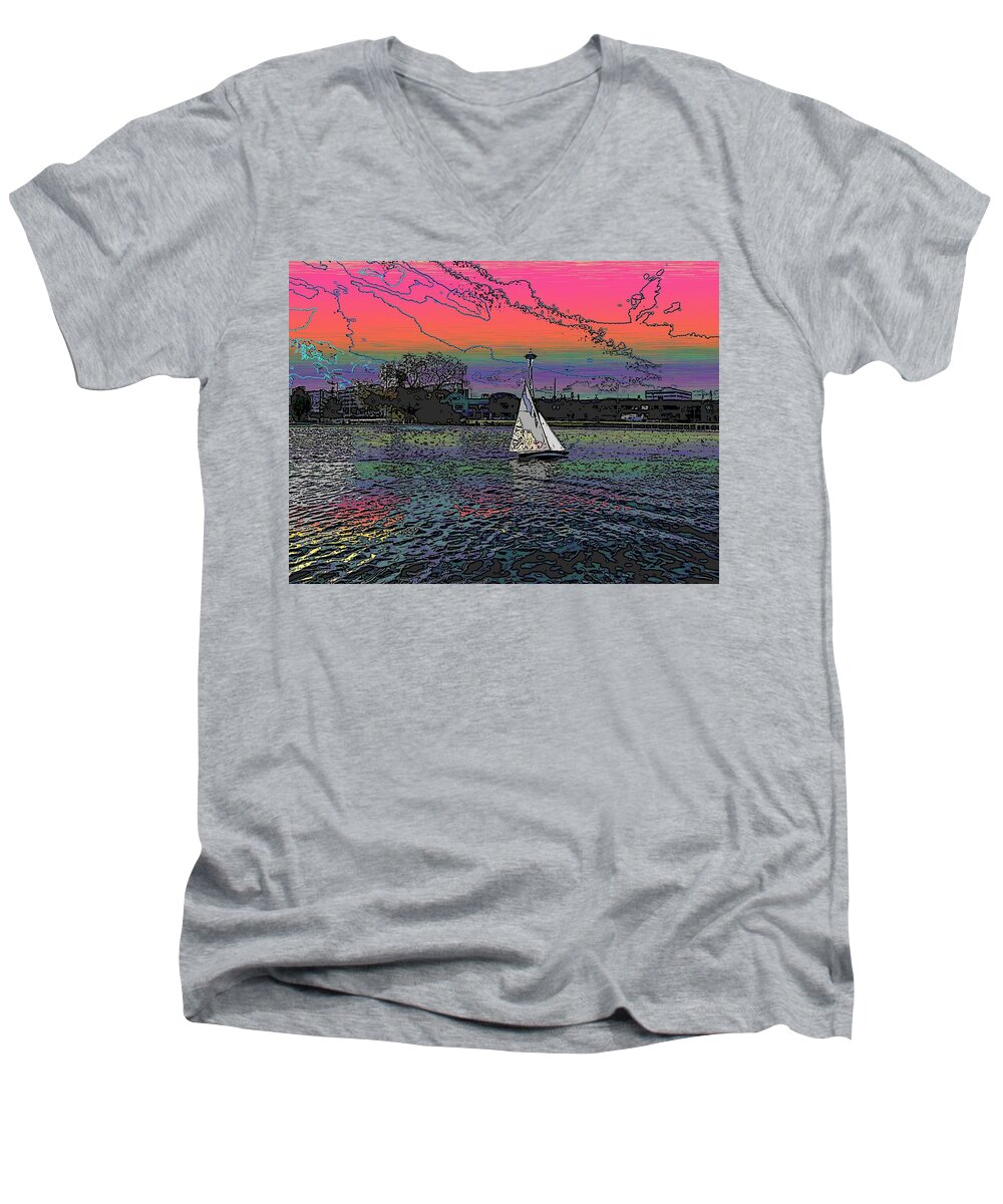 Sail Men's V-Neck T-Shirt featuring the digital art Sailing South Lake Union by Tim Allen