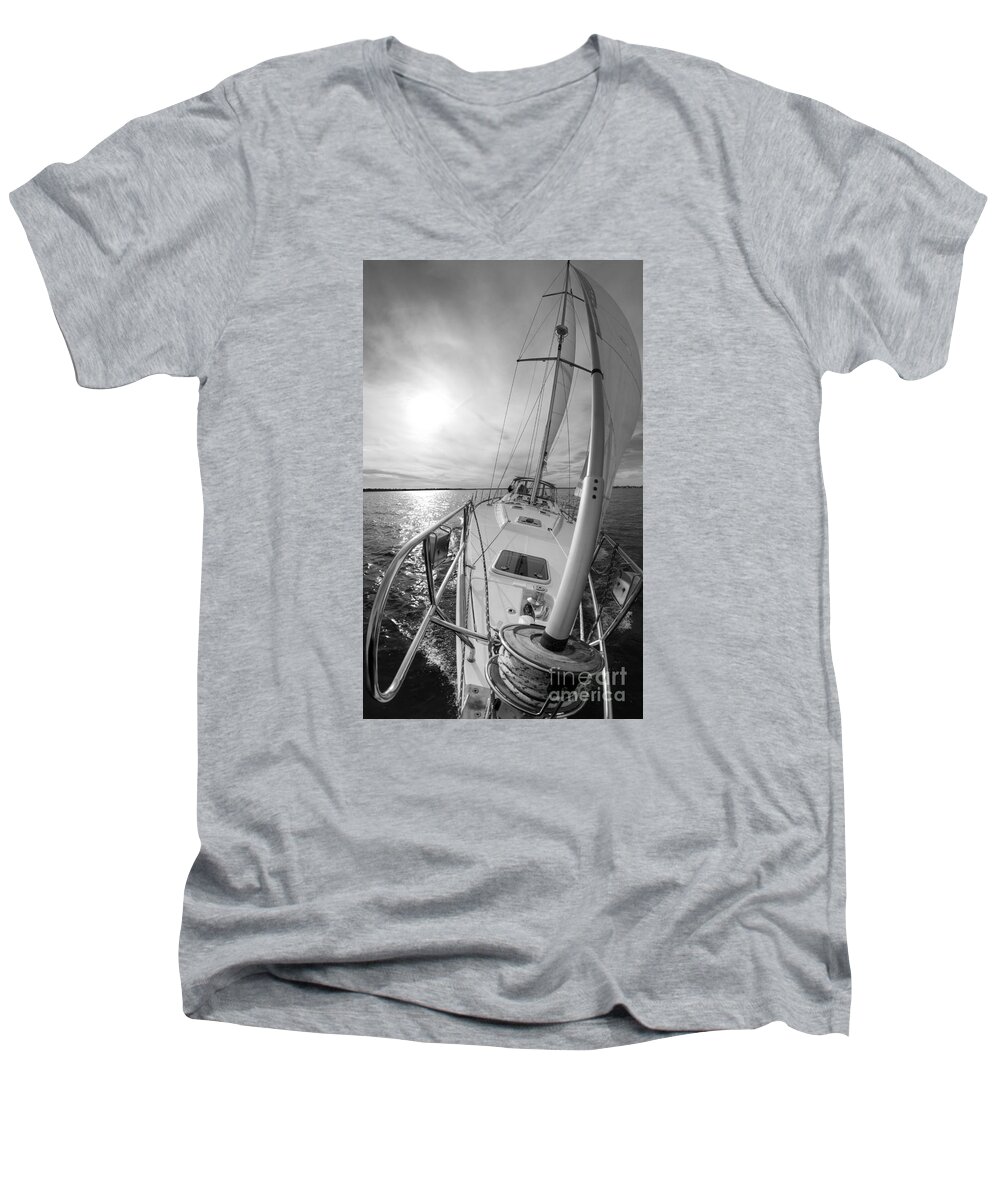 Sailing Yacht Men's V-Neck T-Shirt featuring the photograph Sailing Yacht Fate Beneteau 49 Black and White by Dustin K Ryan