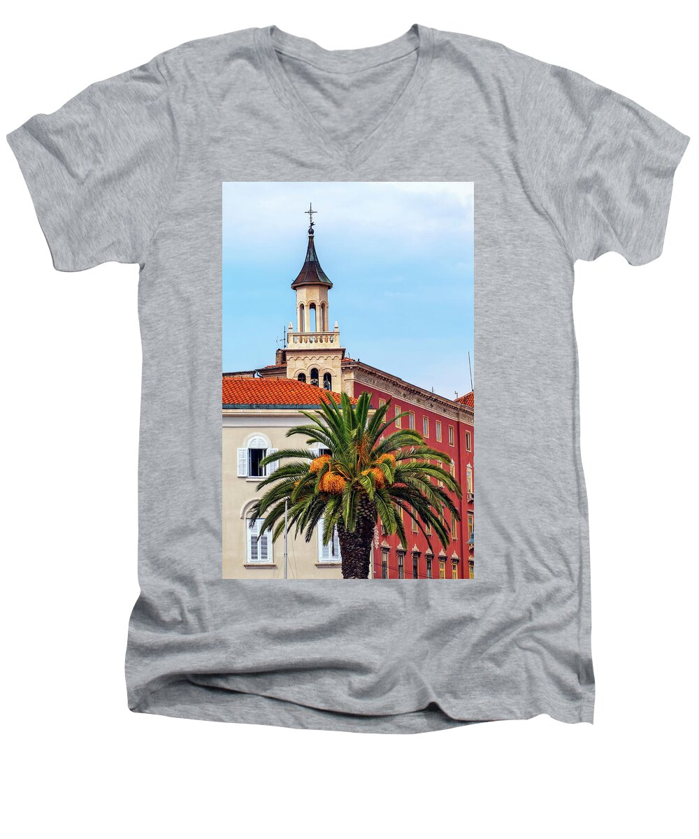Spire Men's V-Neck T-Shirt featuring the photograph Saint Franje, Francis, church near the old Market Square, Split, Croatia by Elenarts - Elena Duvernay photo