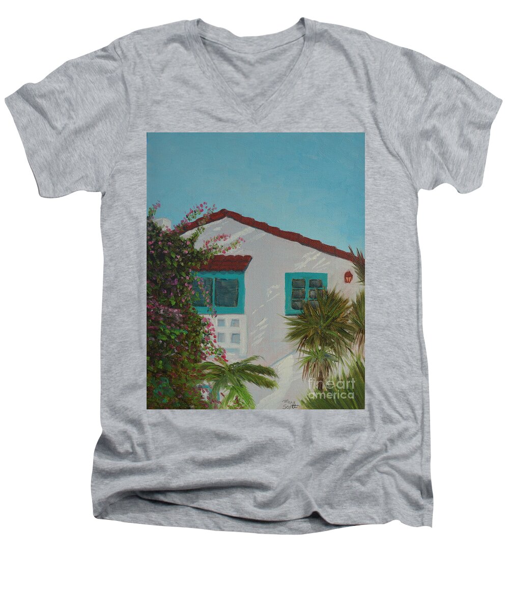 San Clemente Men's V-Neck T-Shirt featuring the painting San Clemente Art Supply by Mary Scott