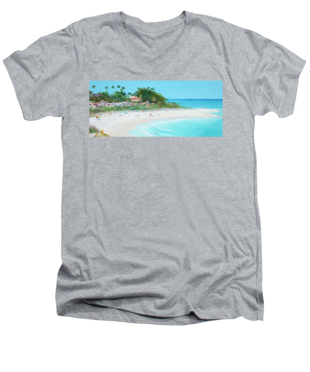 San Clemente Beach Men's V-Neck T-Shirt featuring the painting San Clemente Beach Panorama by Jan Matson