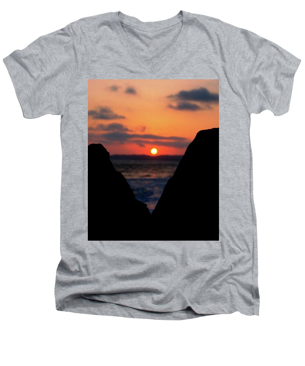 Sunset Men's V-Neck T-Shirt featuring the photograph San Clemente Beach Rock View Sunset Portrait by Matt Quest