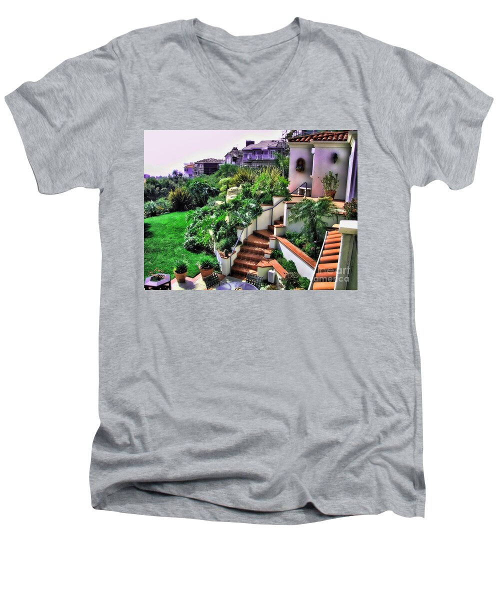 San Clemente Men's V-Neck T-Shirt featuring the digital art San Clemente Estate Backyard by Kathy Tarochione