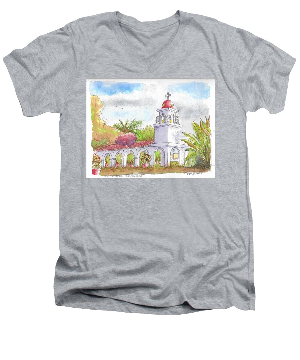 Churchs Men's V-Neck T-Shirt featuring the painting San Clemente Mission Parish, Bakersfield, California by Carlos G Groppa