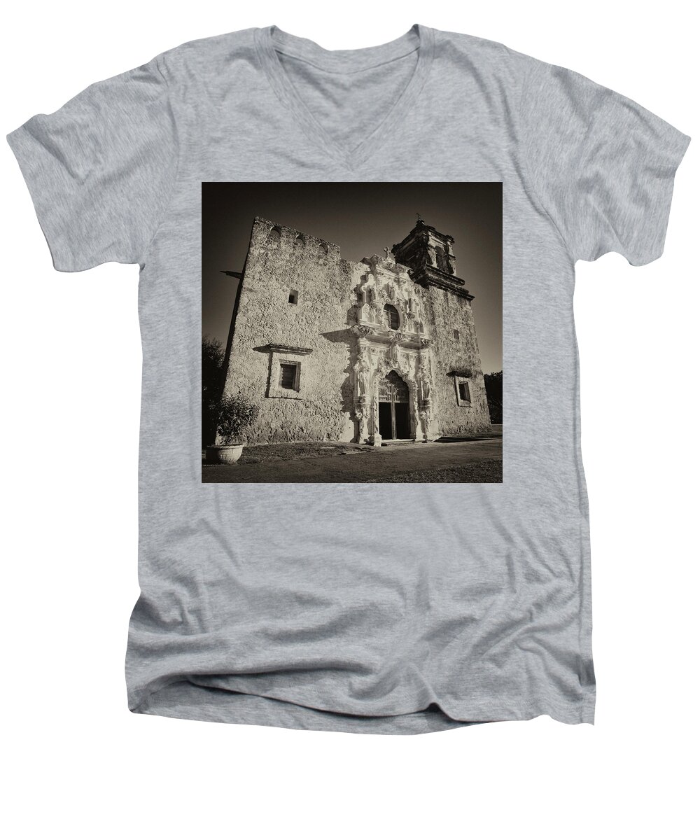 Texas Men's V-Neck T-Shirt featuring the photograph San Jose Mission - San Antonio by Stephen Stookey