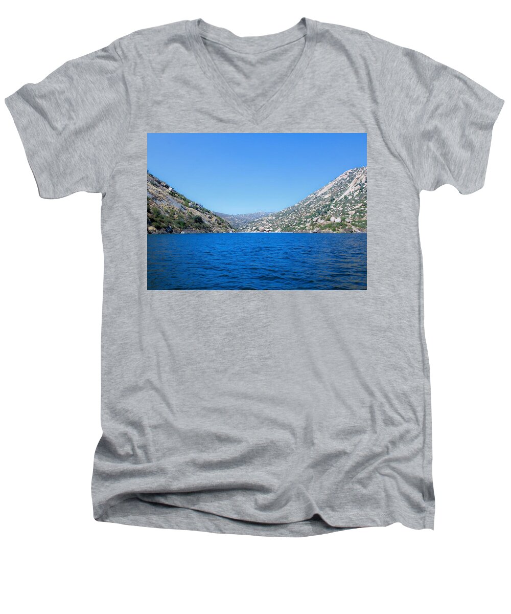 Reservoir Men's V-Neck T-Shirt featuring the photograph San Vicente Reservoir by Alison Frank