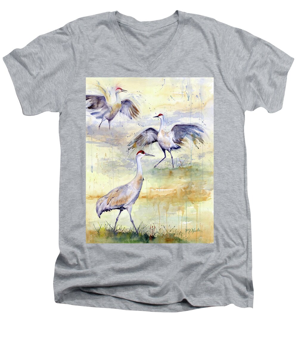 Cranes Men's V-Neck T-Shirt featuring the painting Wetlands Courtship - Sandhill Cranes by Marsha Karle