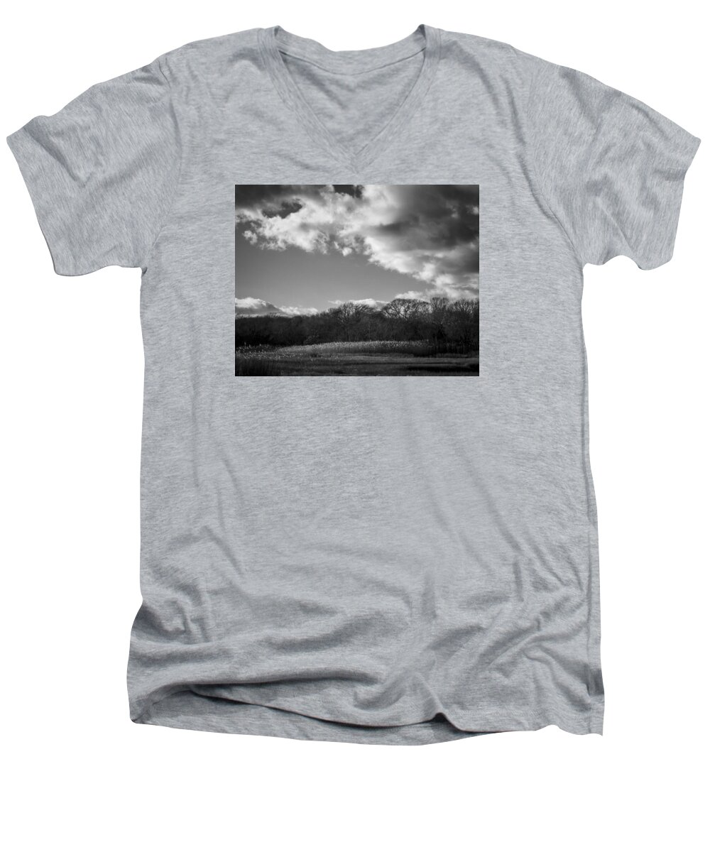 B&w Men's V-Neck T-Shirt featuring the photograph Sandwich Marsh by Frank Winters