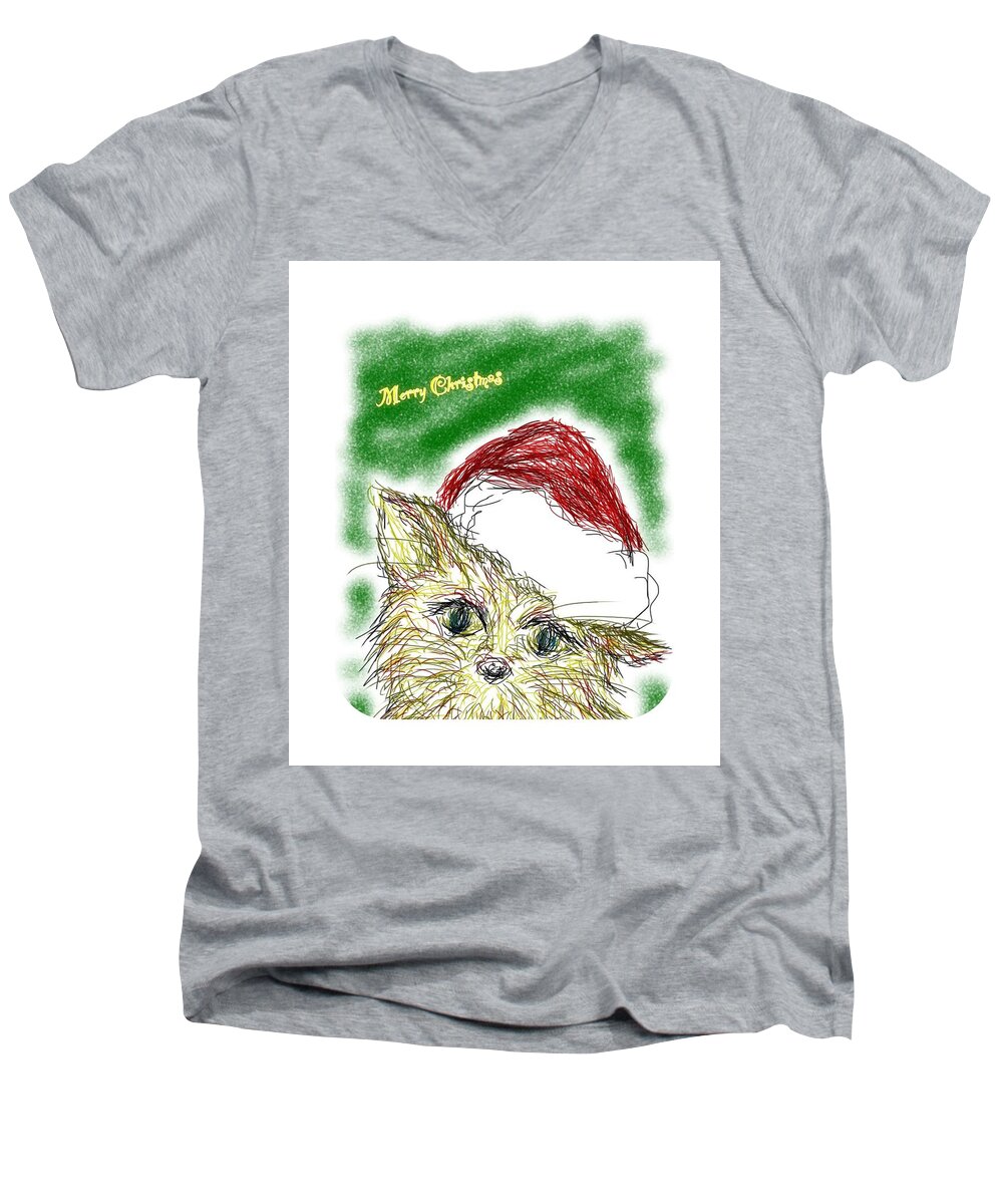 Cat Men's V-Neck T-Shirt featuring the drawing Santa cat by Kumiko Izumi