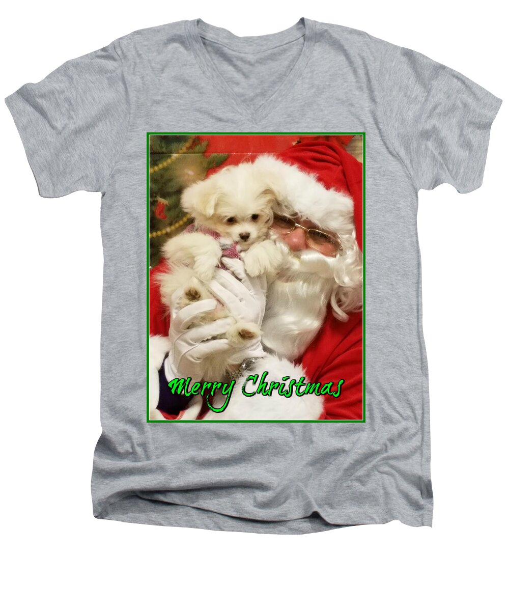 Puppy Men's V-Neck T-Shirt featuring the painting Santa Paws by Darren Robinson