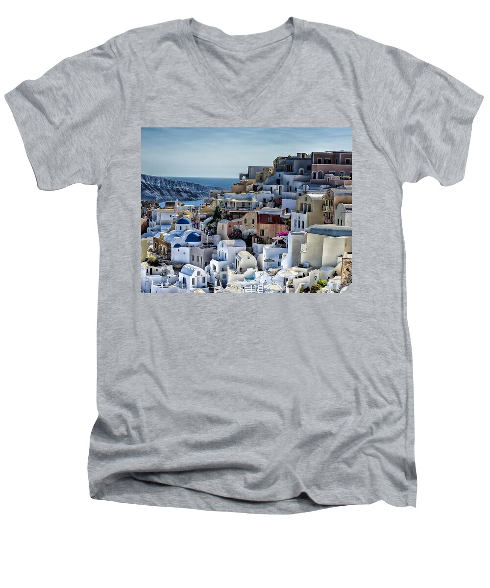 Greece Men's V-Neck T-Shirt featuring the photograph Santorini by Pamela Steege