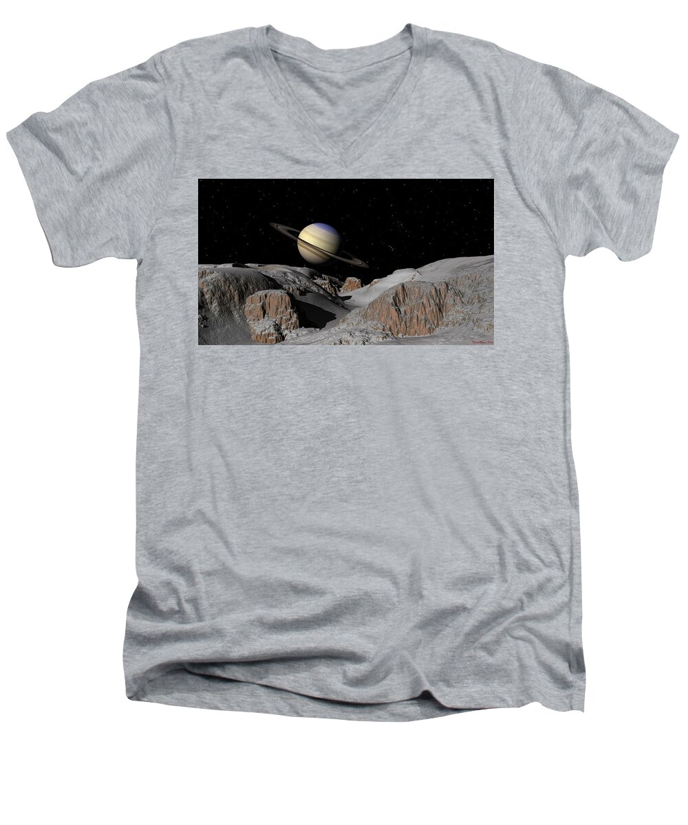 Spaceship Spacecraft Space Astronauts Mars Jupiter Asteroid Belt Astronomy Solar System Gas Giant Saturn Saturns Moons Moons Titan Enceladus Rhea Dione Nasa Jpl Esa Saturns Rings Landers Planets Europa Earth Sun Space Exploration Ice Moon Ice Crevasse Tethys Men's V-Neck T-Shirt featuring the digital art Saturn from the moon Dione by David Robinson