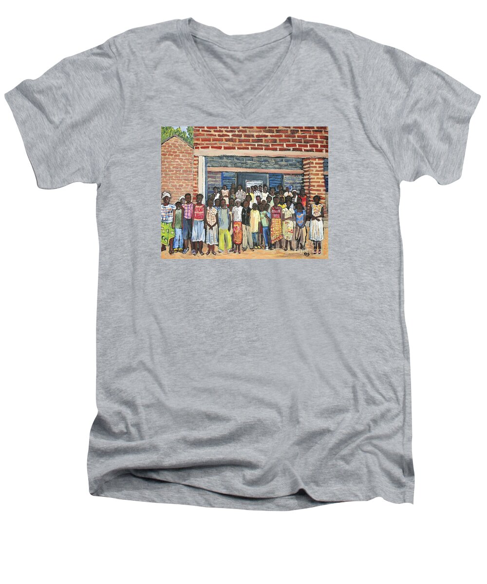Africa Men's V-Neck T-Shirt featuring the painting School Class Burkina Faso Series by Reb Frost