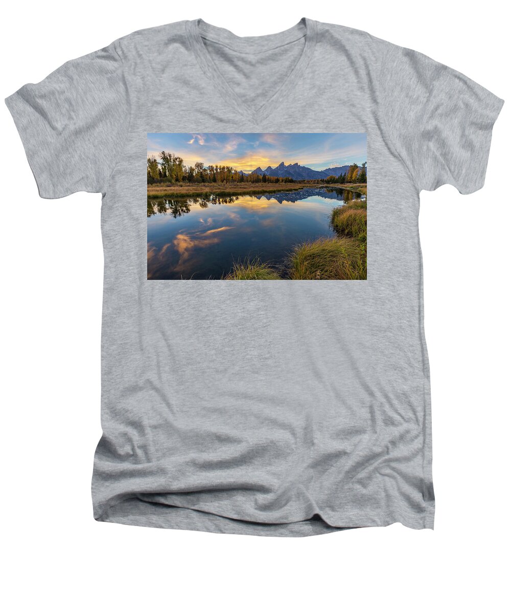 Grand Teton National Park Men's V-Neck T-Shirt featuring the photograph Schwabacher Sunset 1 by D Robert Franz