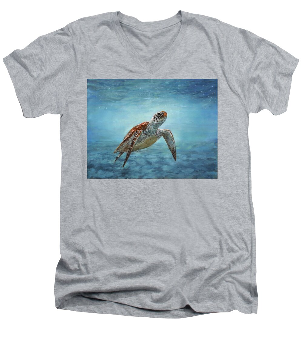 Sea Turtle Men's V-Neck T-Shirt featuring the painting Sea Turtle by David Stribbling