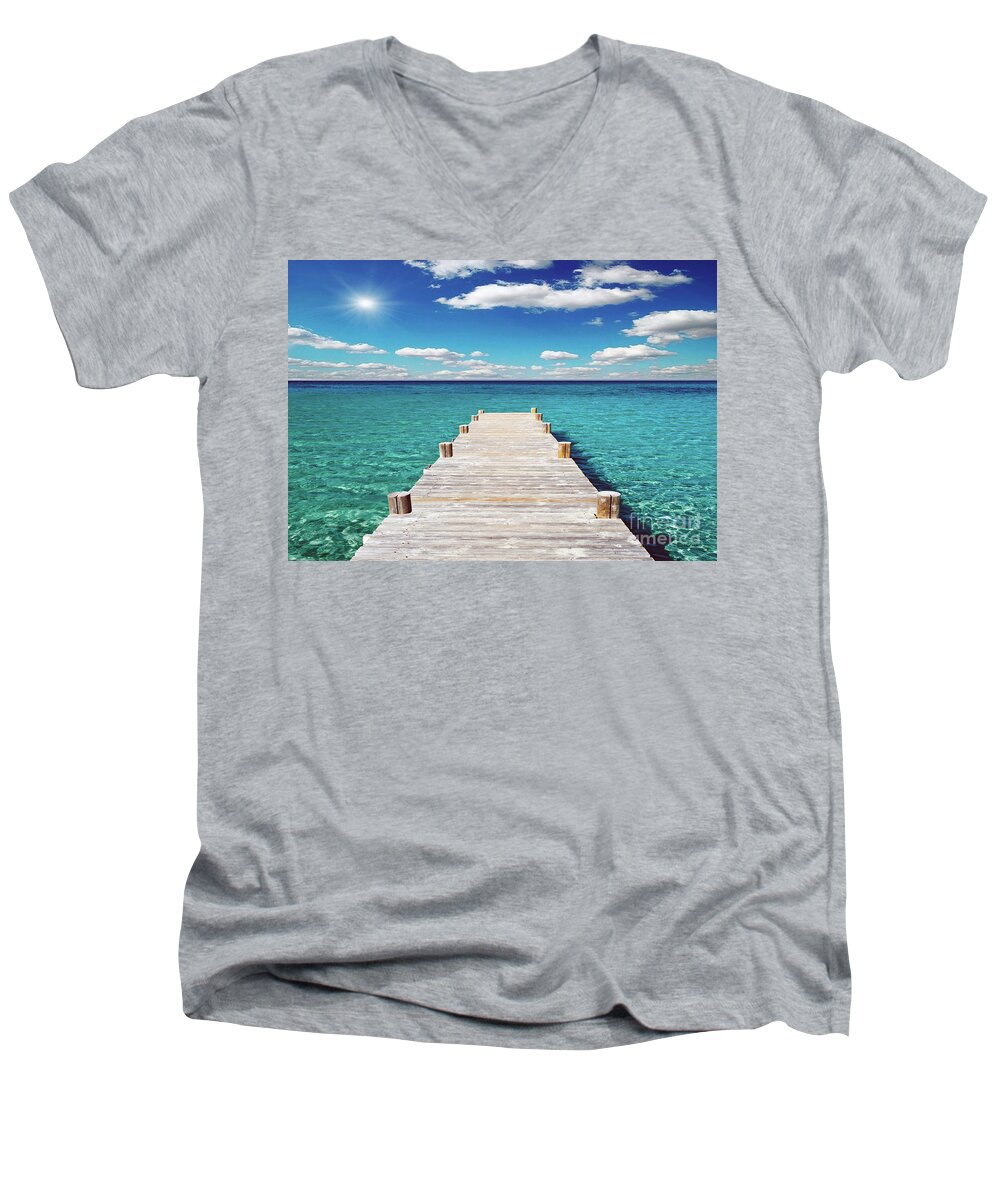 Art Men's V-Neck T-Shirt featuring the photograph Seascape Sunrise Treasure Coast Florida Pier C6 by Ricardos Creations